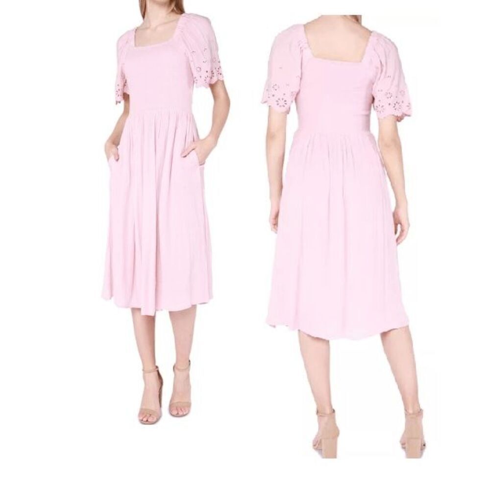 Black Tape Women's Pale Pink Eyelet-Sleeve Smocked Midi Dress M